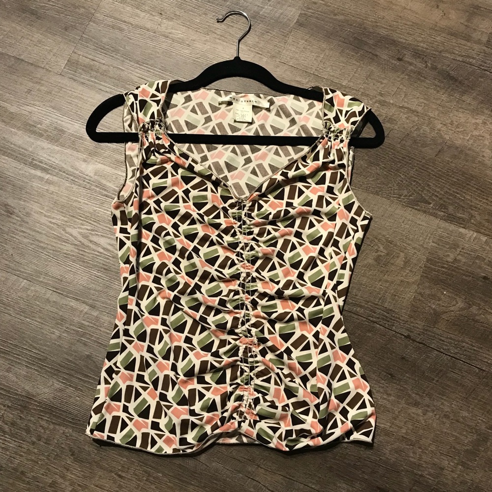 Geometric Print Tank Blouse with Ruched Details